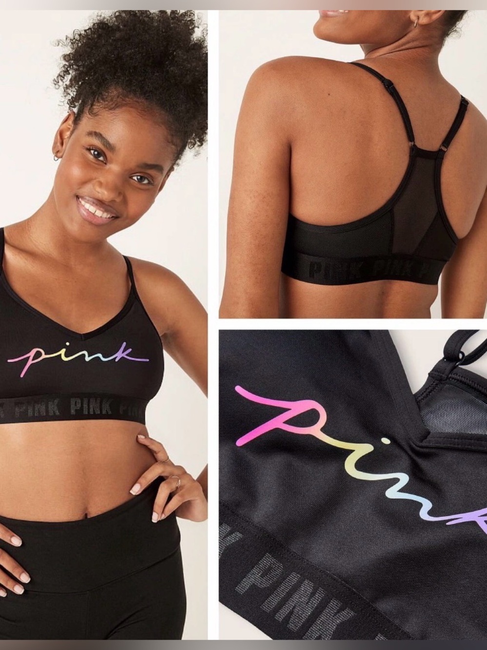 NWT Victoria’s Secret PINK Ultimate Gradient Rainbow Logo Sports Bra Black L